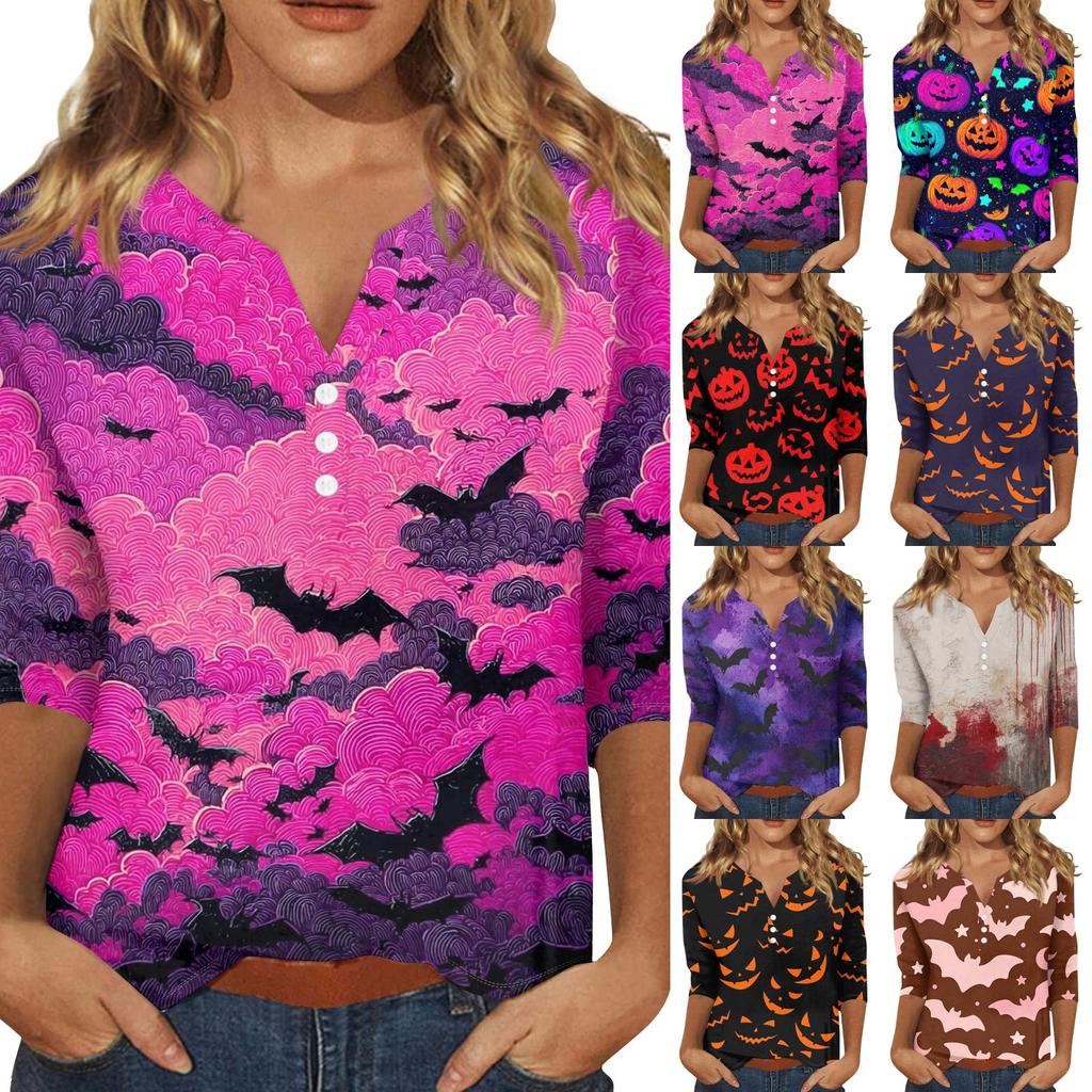 Women's Casual Halloween Printed V Neck Short Sleeve Button Decor Three Quarter Sleeve T Shirt Top Lightweight Comfortable Fit