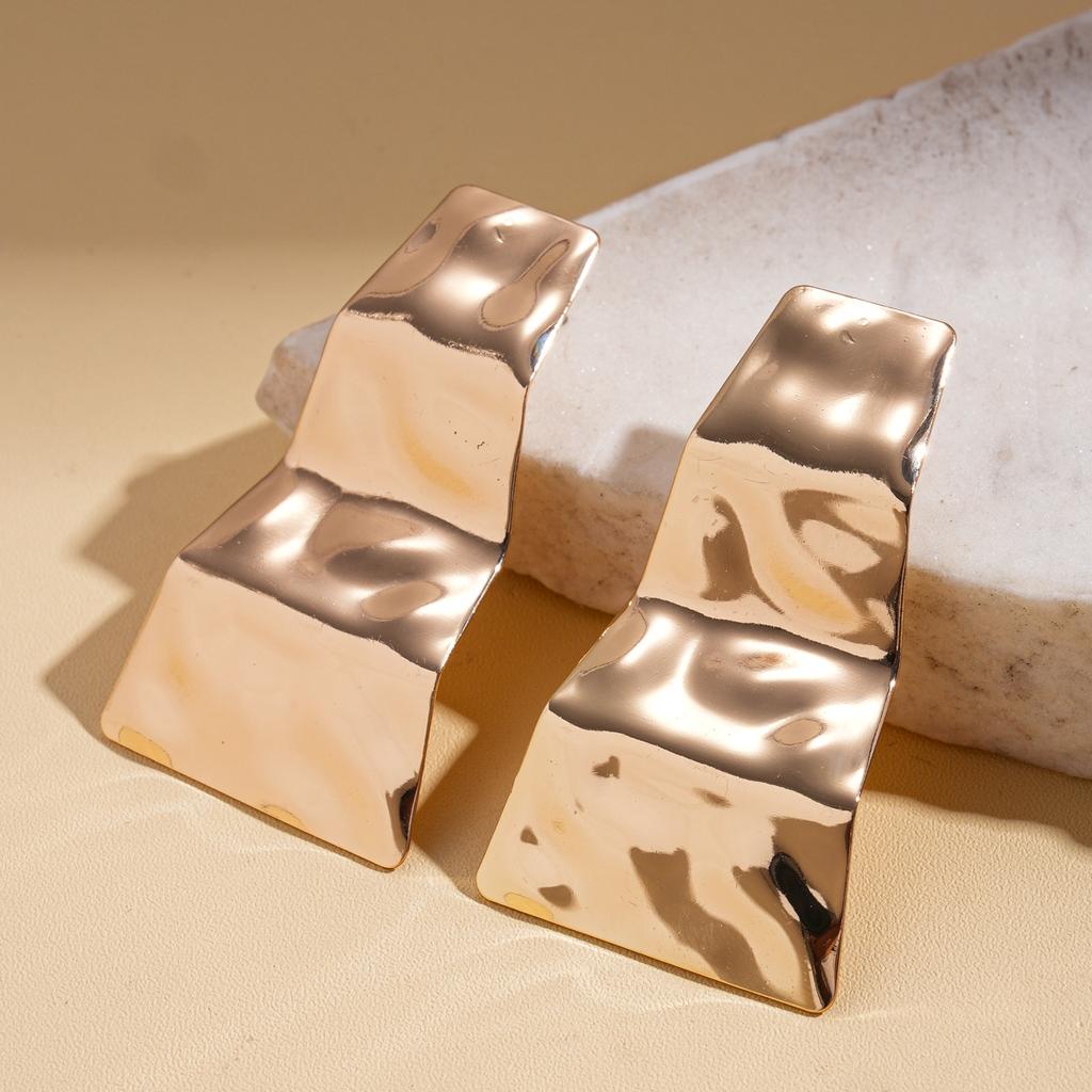 Metallic glossy pleated square silver needle stud earrings fashionable exaggerated earrings