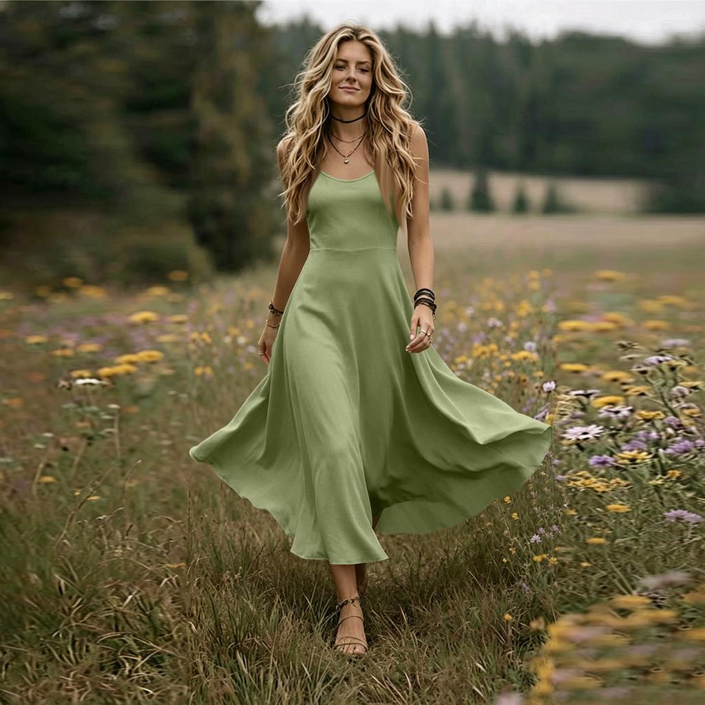 Women V Neck Sleeveless Long Dress Summer Spaghetti Strap Casual Loose Fit Maxi Dress Solid A Line Sundress