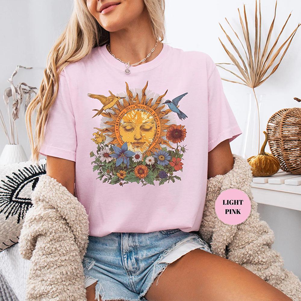 Women Boho Mystical Sun TShirt Nature Bohemian Cute Floral Sun Tee Dark Acedemia Unisex Y2K Shirt Hippy Gift For Her Streetwear