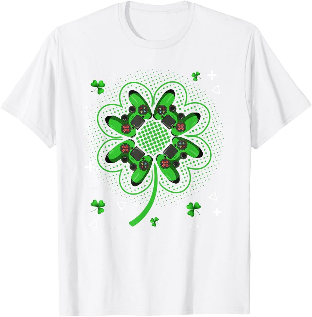 Gamer Shamrock Clover Controller St Patricks Day Graphic Tee Men Casual Trip T-Shirt