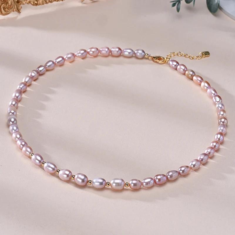 HENGSHENG 6-7mm Rice Shape Freshwater White Pink Purple Mixed Color Pearl Necklace 925 Silver Jewelry for Women Girls