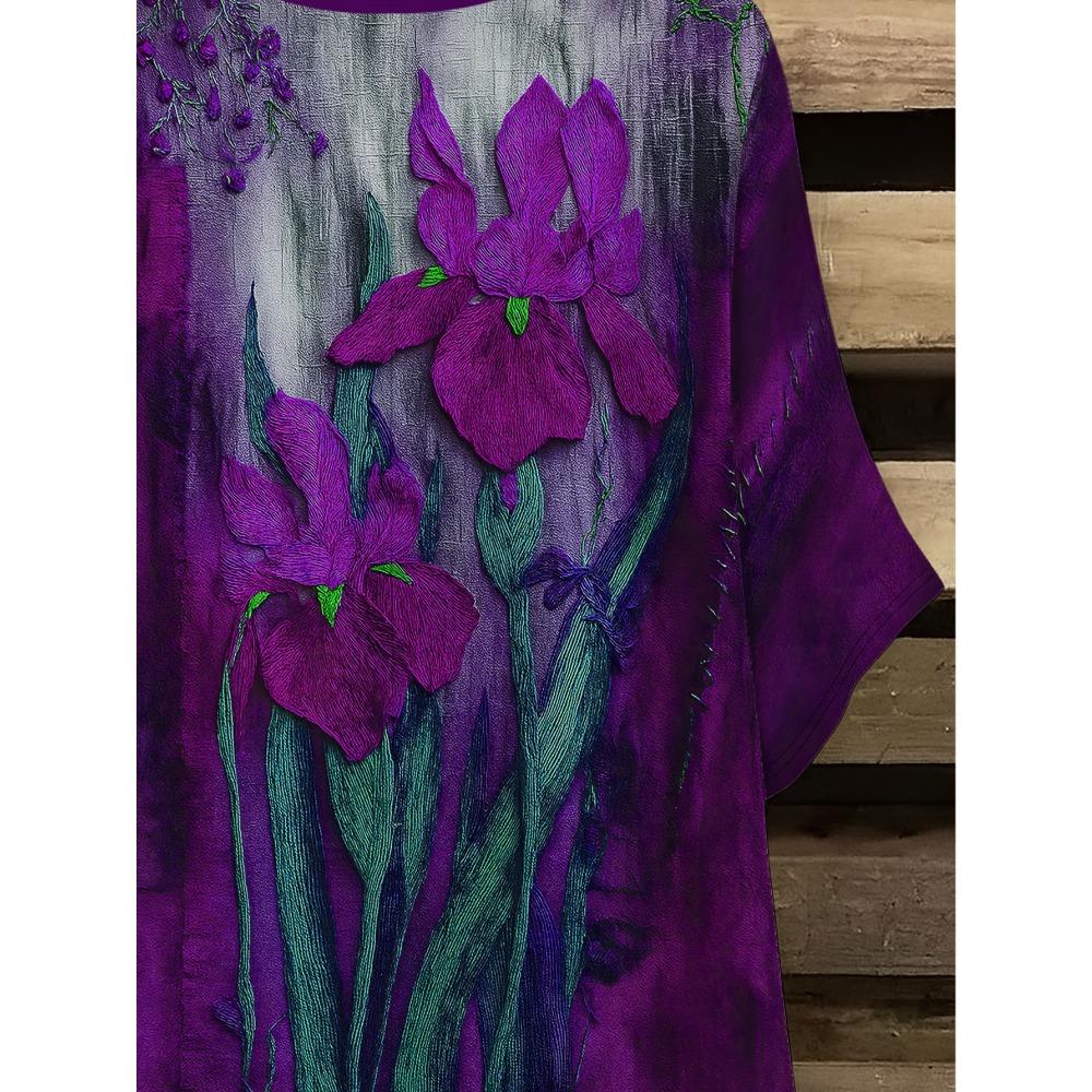 Blue iris women's large-size short-sleeved T-shirt, irregular hem design, casual and comfortable