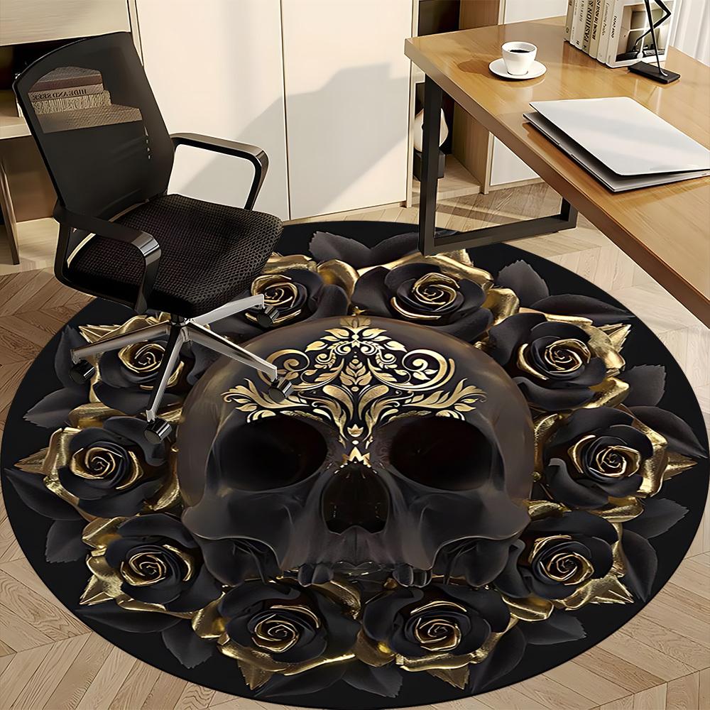 1pc Skull Roses Artwork Chair Carpet for Office, Round Non Slip Durable Large Size Office Carpet, Suitable for Office
