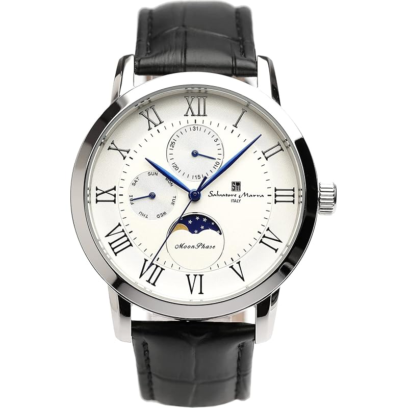 

[Salvatore Mara] watch moon phase multi calendar 5 ATM water resistant business formal men s leather belt Limited model silver white SM21106-SSWH