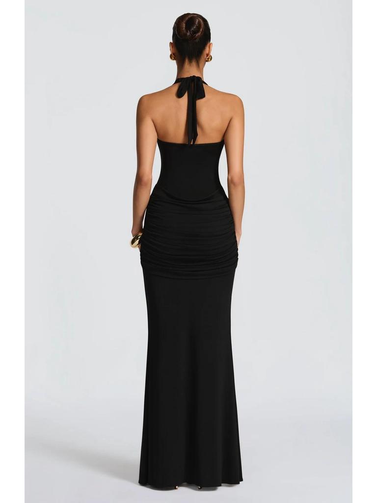 2025 Women's European & American Style Spliced Strappy Long Slim Fit Halterneck Formal Dress