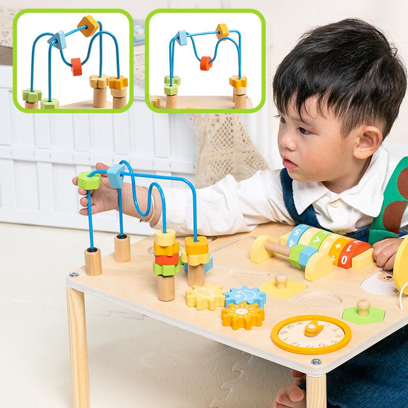 New Wooden Multifunctional Busy Board: Children's Educational Toy with Bead Maze, Gear, Alarm Clock, and Inlay Board.