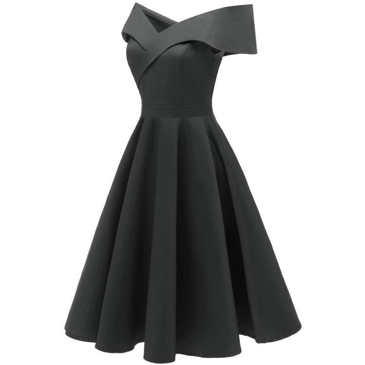 Vintage Off Shoulder Bardot Little Black Dress Women Sateen Skater Midi Prom Evening Party Cocktail Wedding Guest Classic Occasion Outfit
