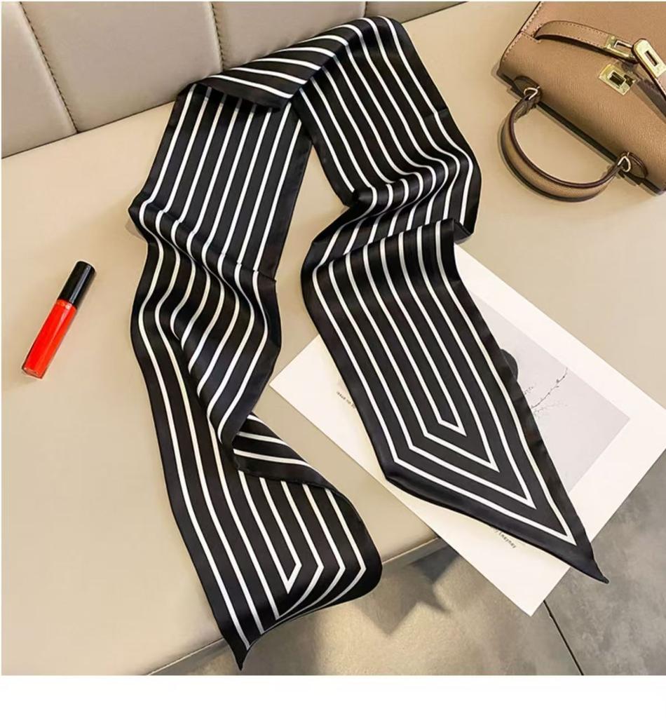 Women Narrow Thin Scarf Striped Long Silk Scarf Women Handle Bag Ribbons Multi-Function Decorative Neckerchief Hair Tie Band