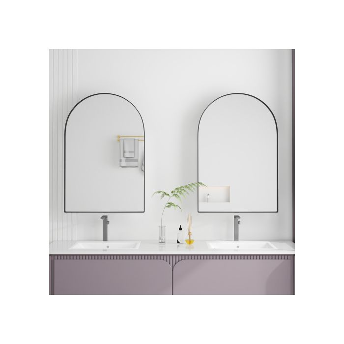 Meuble De Salle De Bain Élégant Avec Portes Miroir Incurvées, Armoire Murale À Cadre Métallique, Noir.