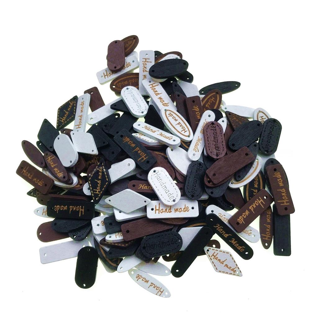 100PCS Handmade Wooden Tags Label Links Wood Decorative Buttons Embroidered Garment Label for DIY Sewing Knitting