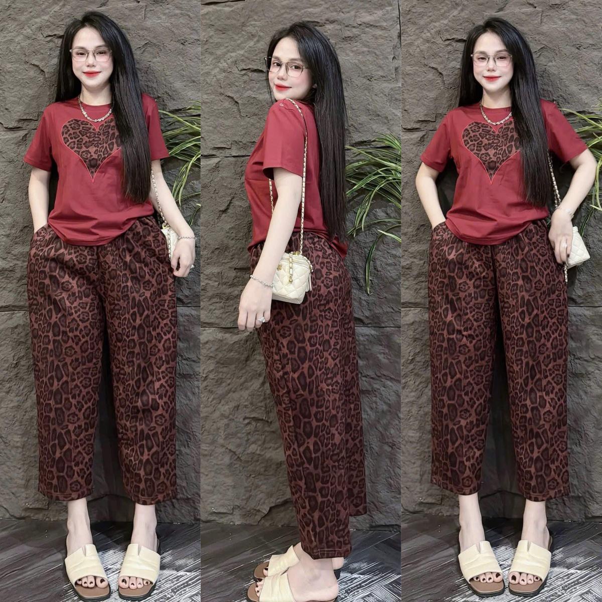 

Southeast Asian Women s Summer Heart Embroidery Short Sleeve Top & Leopard Print Wide-Leg Pants Set One Size No Pockets красный