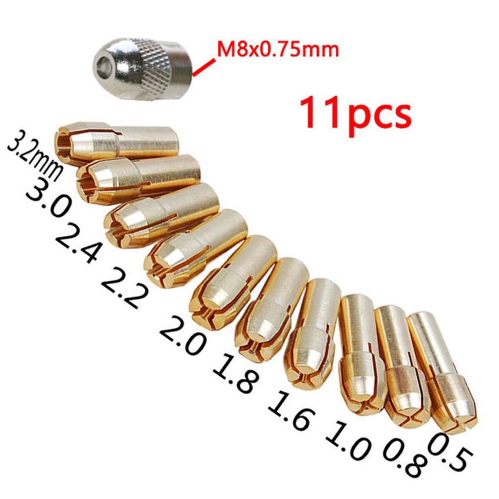 11Pcs 0.5-3.2mm Brass Drill Chucks Collet Bits 4.8mm Shank Screw Nut Replacement