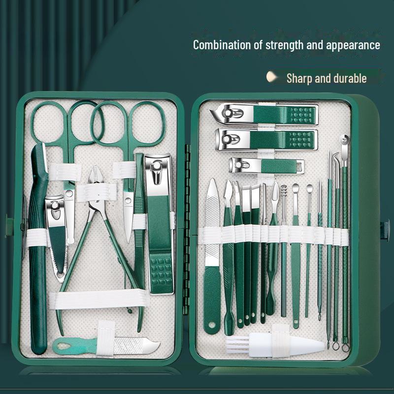 Set de tăietoare de unghii pentru manichiură, verde închis, din oțel inoxidabil, 26 de piese, cu tăietori pentru piele moartă, foarfece pentru unghii, unelte pentru unghii