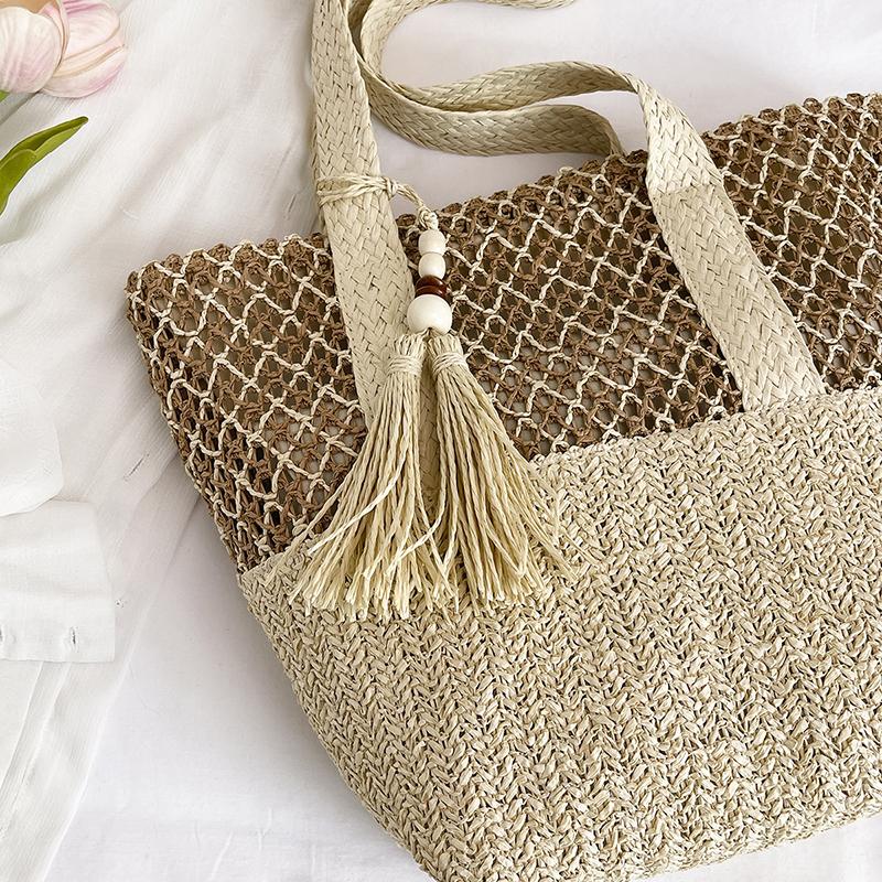 Straw Woven Tote Bag Women Summer Beach Handbag Natural Rattan Shoulder Bag Casual Vacation Style Bag