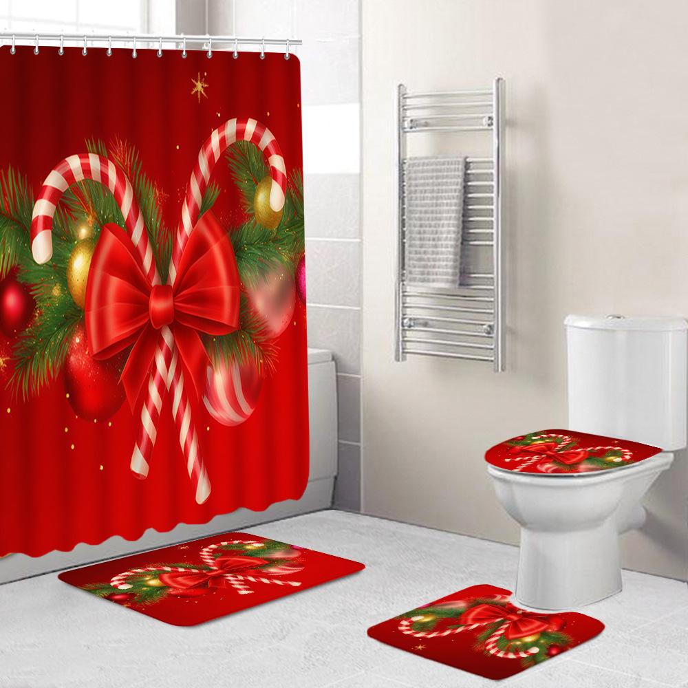 Christmas Toilet Cover Shower Curtain Floor Mat Set Santa Carpet Door Mat Foot Mat Non-Slip Mat