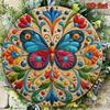 Metal Wall Art Butterfly Flower Painting, Round 8x8 Inch Tin Sign for Living Room Decor