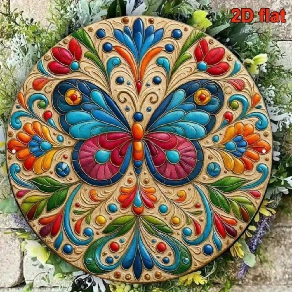Metal Wall Art Butterfly Flower Painting, Round 8x8 Inch Tin Sign for Living Room Decor