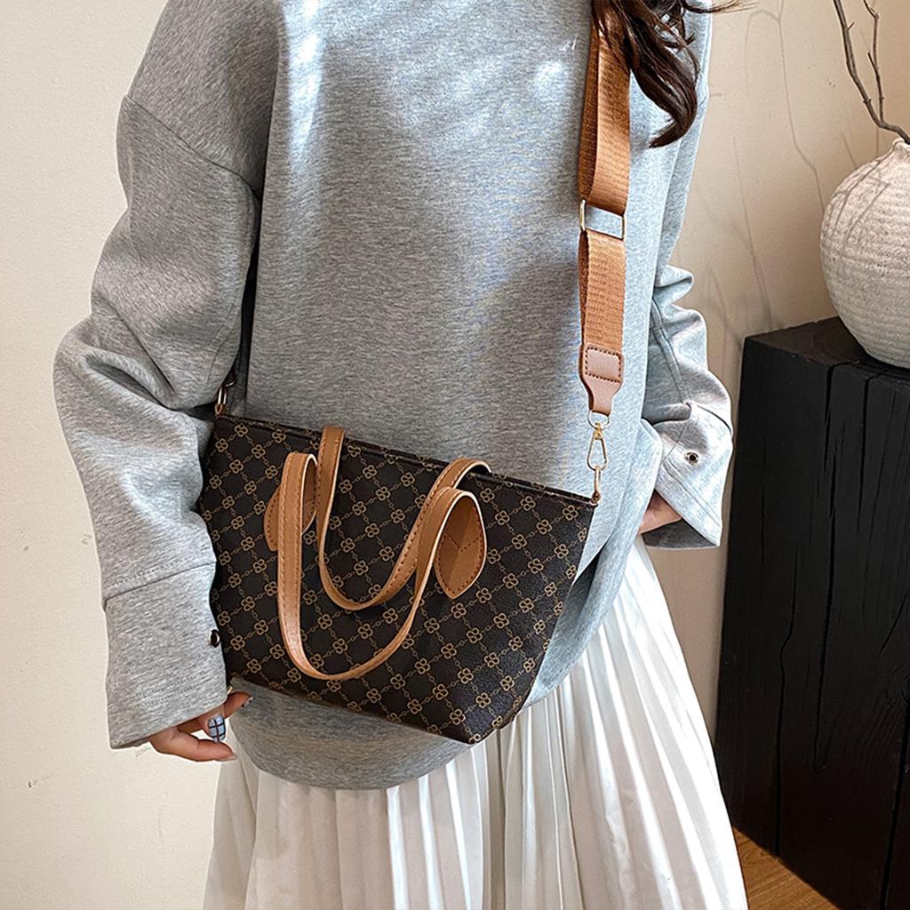 Women's Vintage Geometric Print Shoulder Bag Lightweight PU Handbag with Detachable Strap & Zipper for Daily Use Crossbody Bag
