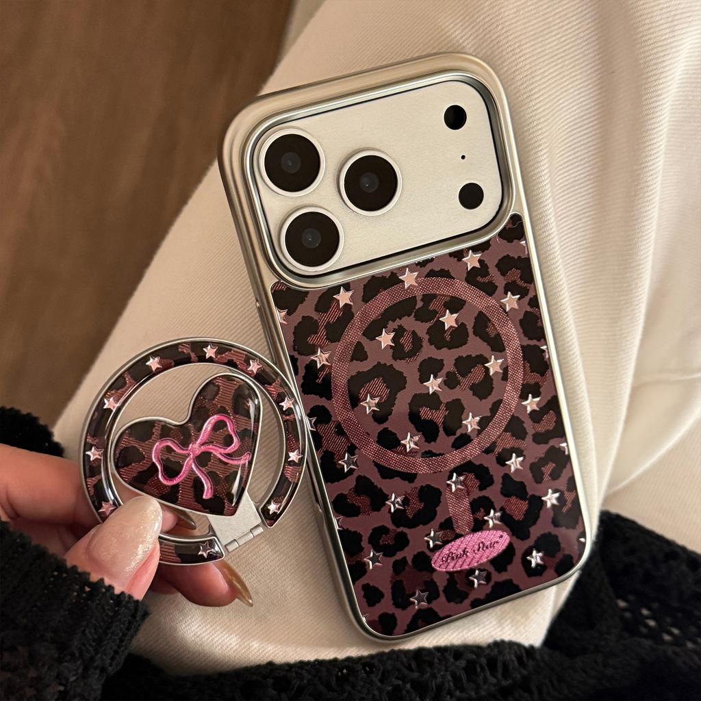 Leopard Print Bow Case Suitable for Apple 17 Pro Max, 13 Gold-plated Magnetic Stand, iPhone 16 Sweet and Cool 15