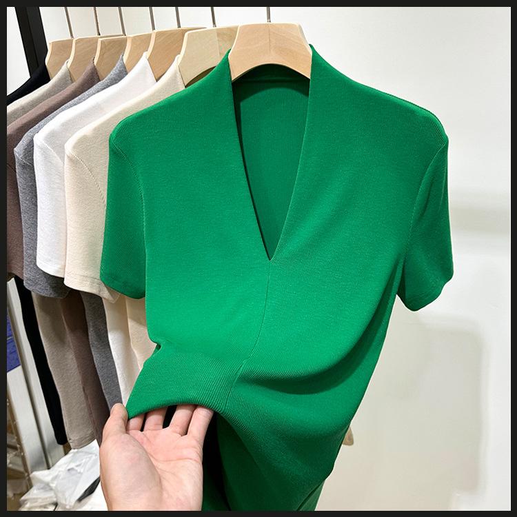 Threaded Fashion V-neck Short-sleeved T-shirt Women's Summer New Slim-fit Half-sleeved T-shirt Top