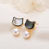[MIKAMU] Necklace and Earrings Set with CZ Diamonds and 18K Gold Cat Earrings - Women's Set with Natural Freshwater Pearls - Perfect for Mother's Day,
