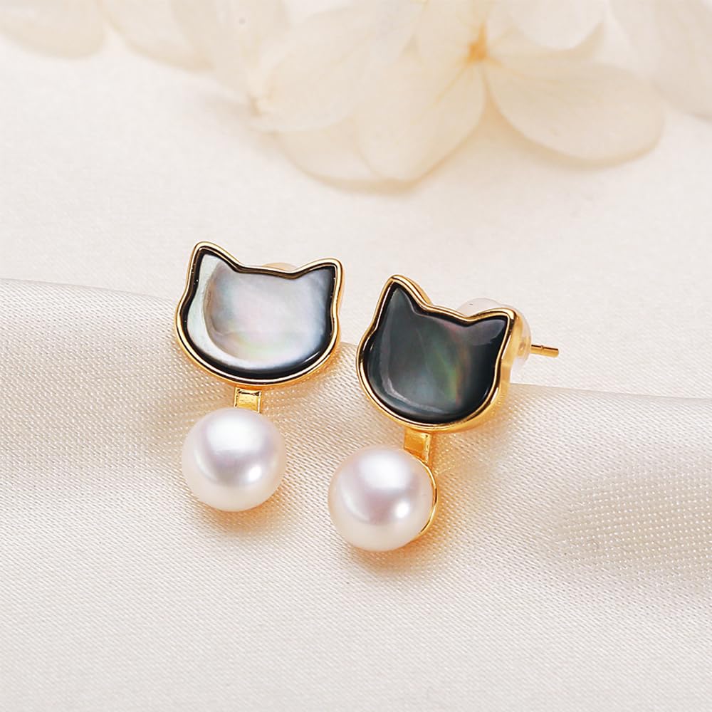 [MIKAMU] Necklace and Earrings Set with CZ Diamonds and 18K Gold Cat Earrings - Women's Set with Natural Freshwater Pearls - Perfect for Mother's Day,