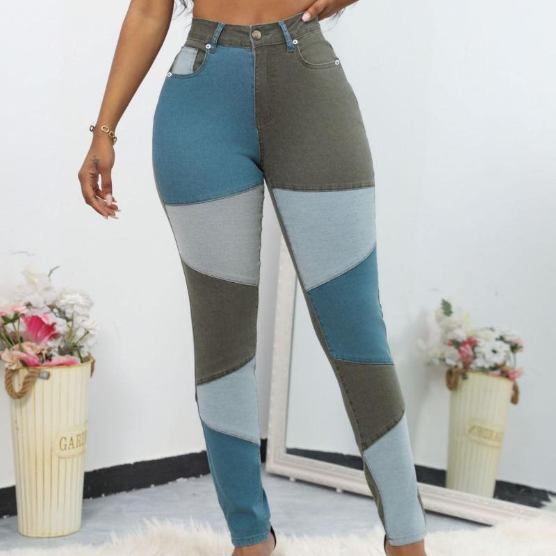 

Синьо-чорний двоколірний модний бавовняний денім з високою талією великих розмірів для жінок XXXL зелений