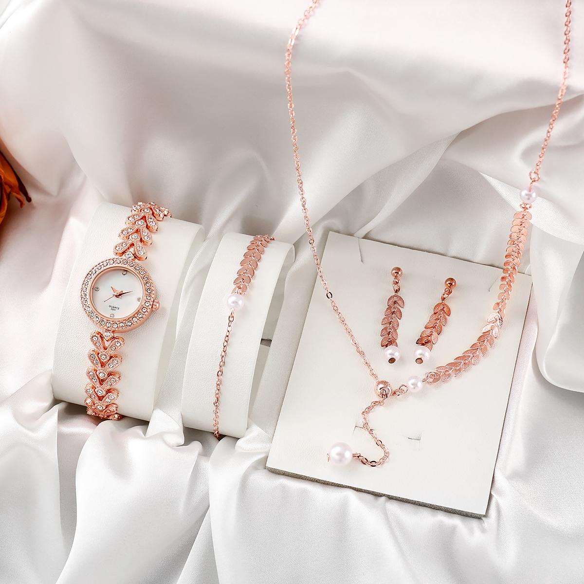 

No gift box, diamond-set ladies quartz wristwatch, small group temperament female watch wheat ear jewelry 4-piece ярко-розовый