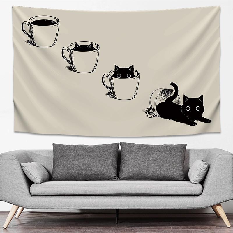 Cute Black Cat Tapestry Minimalist Sketch Style Wall Hanging Bedroom Living Room Boho Aesthetic Wall Decor Home
