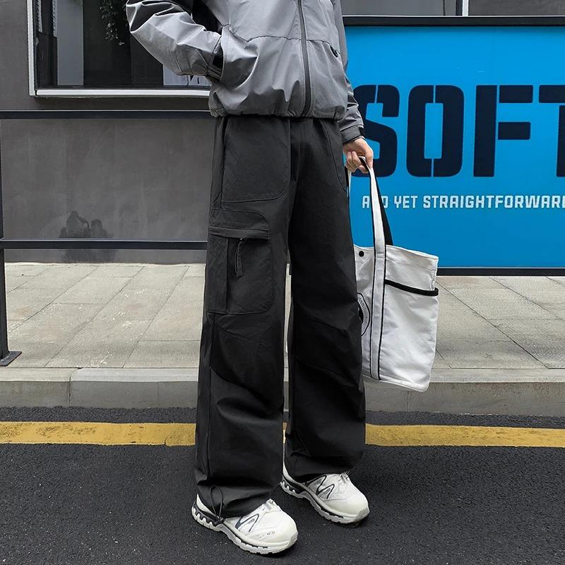 Men's Autumn Brown Multi Pocket Cargo Wide Leg Parachute Pants
