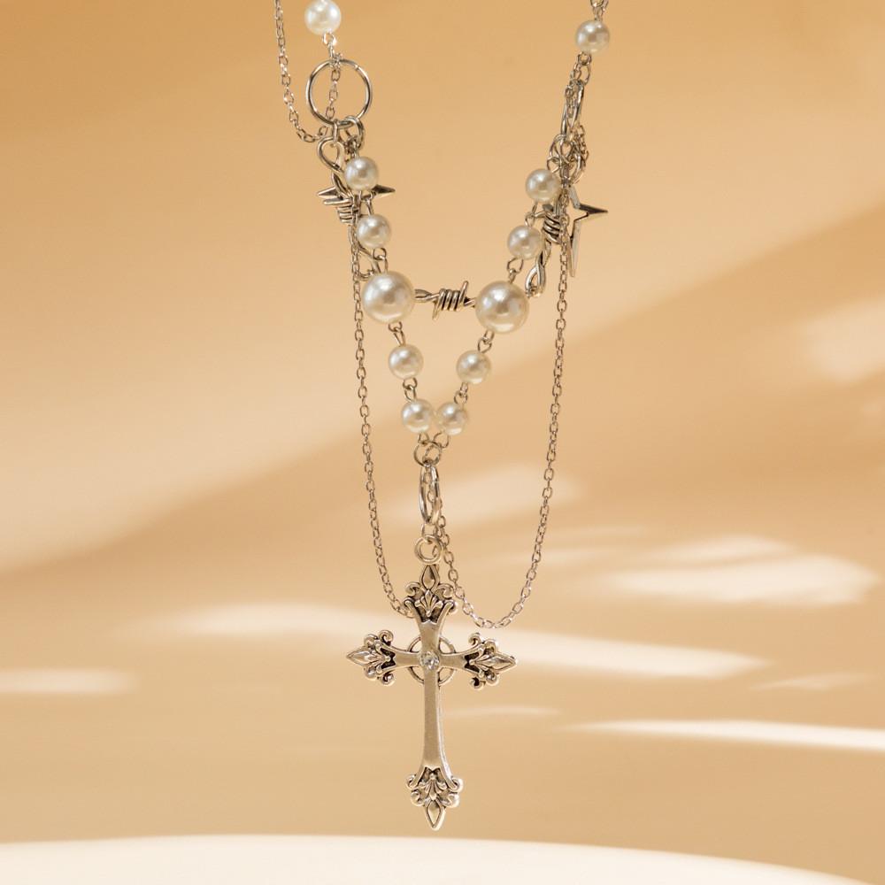 Multilayer Bohemian Trendy Necklace With Elegant Imitation Pearl Cross And Heart Pendants Women For