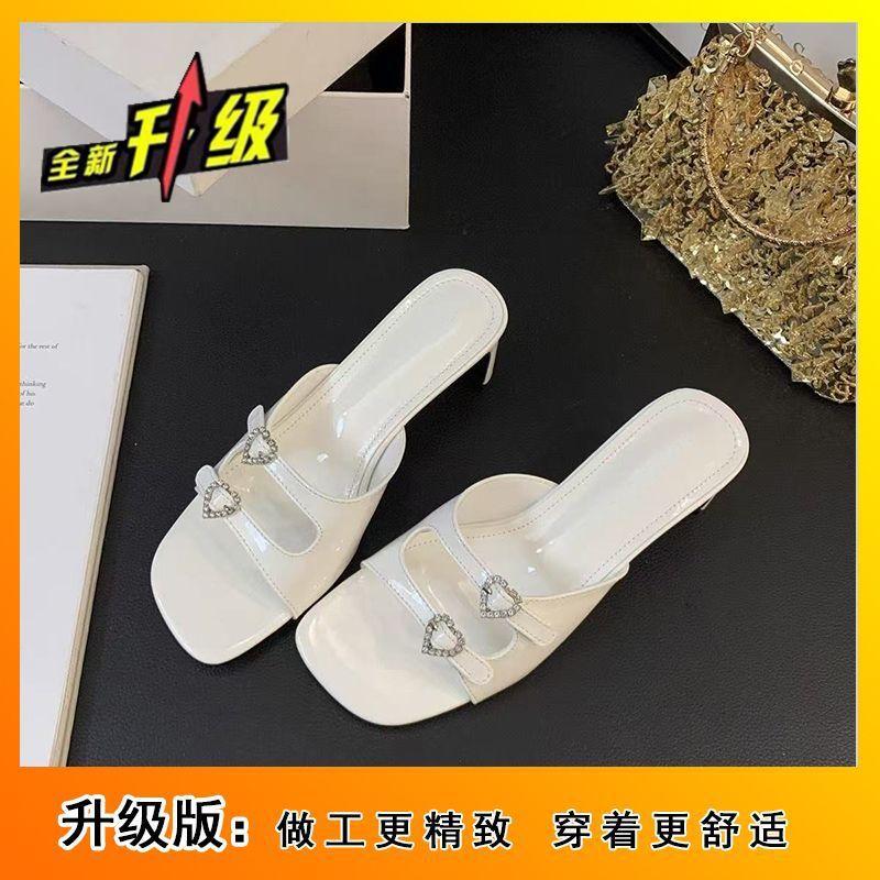Rhinestone Love Square Head One-word High-heeled Slippers Fairy Open-toed High-heeled Shoes Temperament Thick-heeled Sandals 2025 Summer