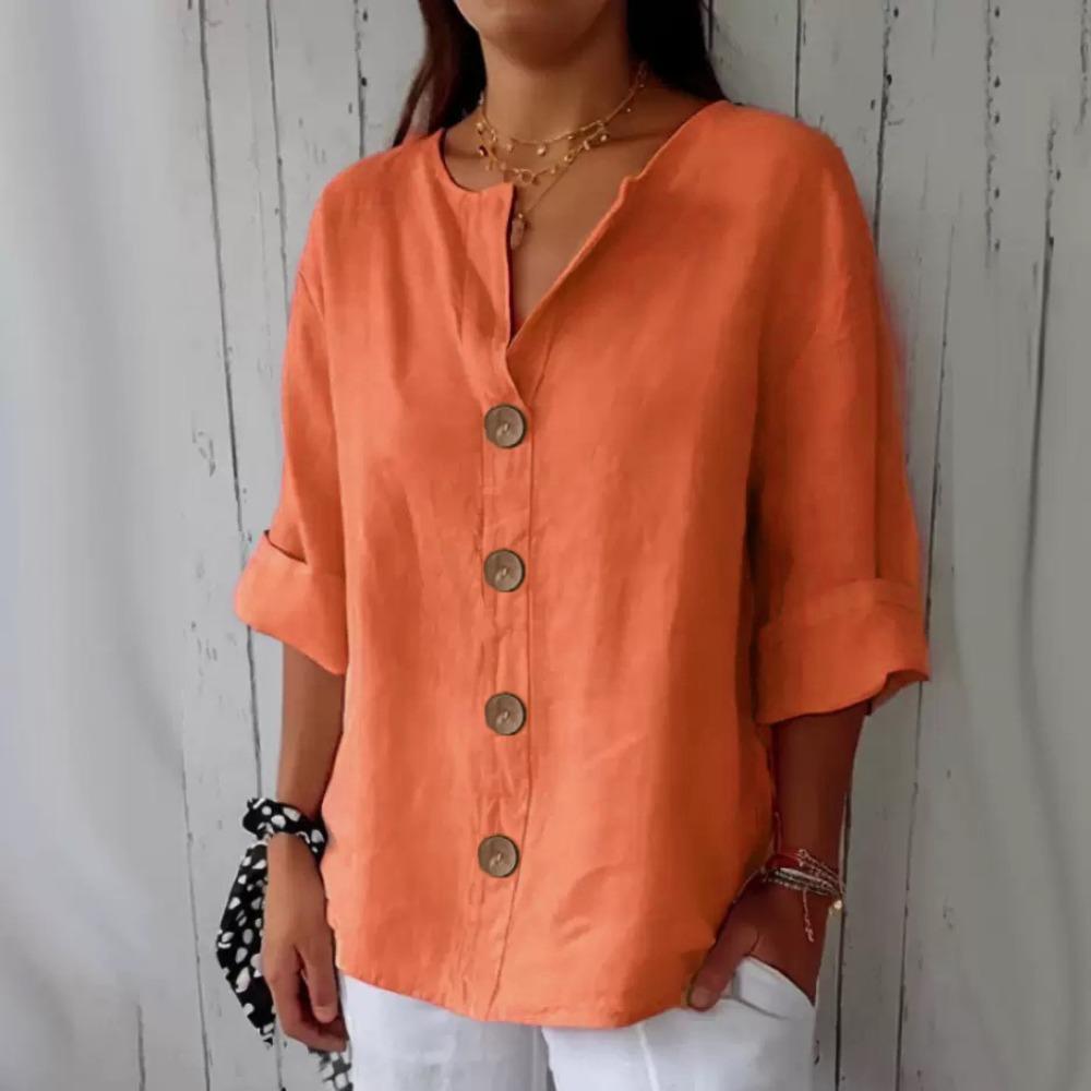 Spring and Summer New Fashionable Loose Fitting Women's V-neck Cotton Linen Button T-shirt Top for Women