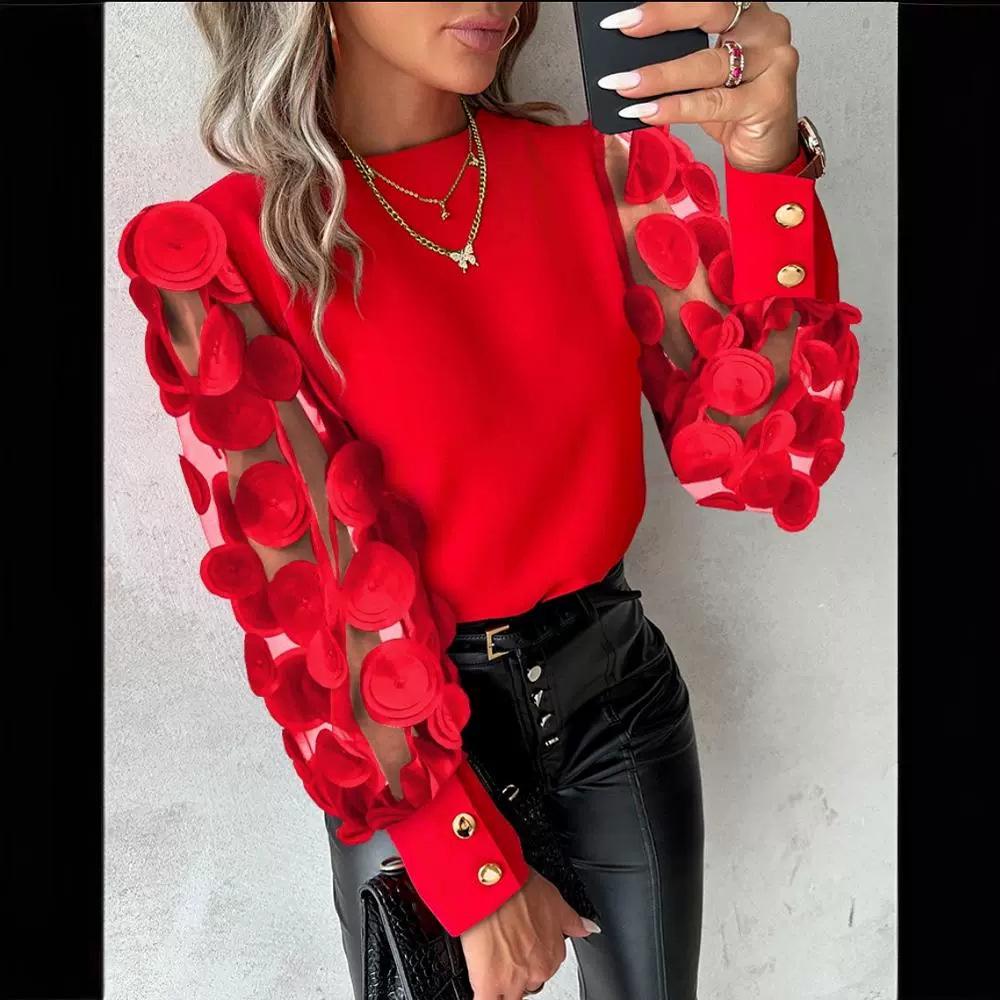 Herbst Rundhals Blütenblattärmel Bluse - Damen Langarm Mode Oberteil