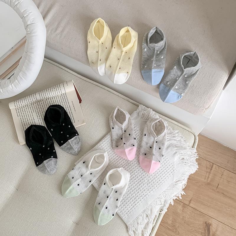 Shallow-mouthed Invisible Socks for Women In Summer, Thin Mesh Breathable Boat Socks, Polka Dot Color-matched Cotton Short Socks, Boneless