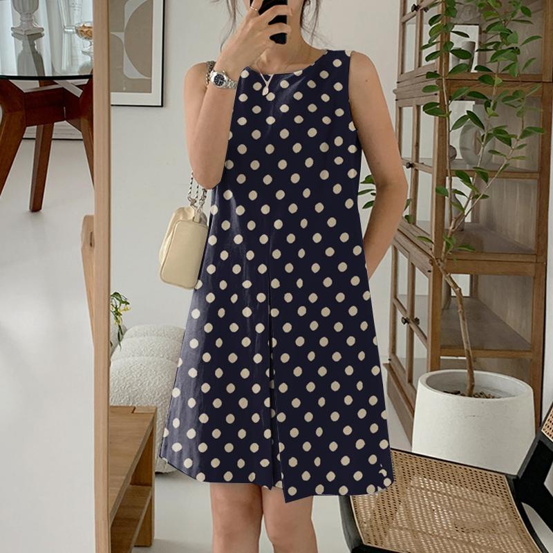 

ZANZEA Женское повседневное платье без рукавов с круглым вырезом и принтом в горошек 4XL темно-синий