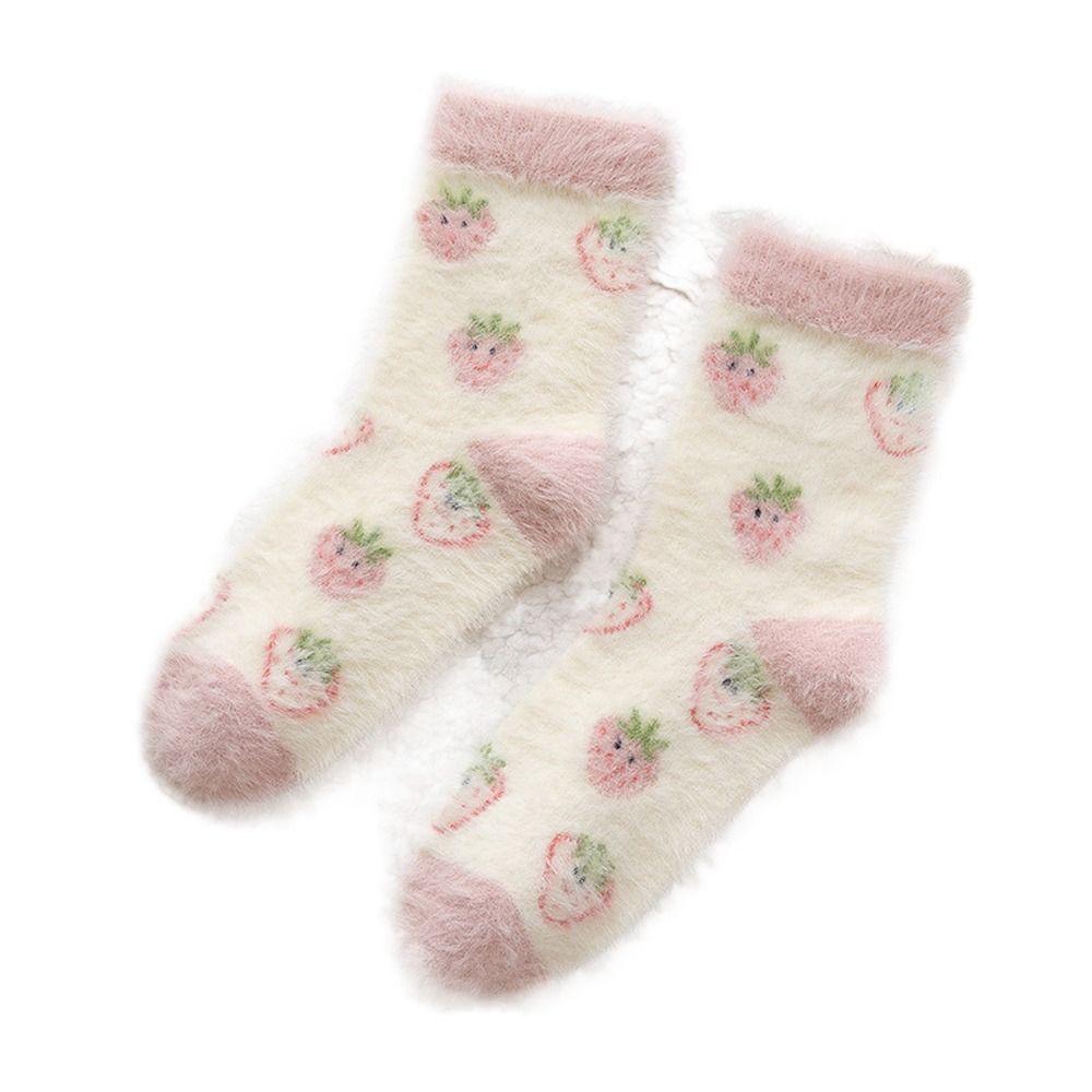 

English Alphabet Strawberry Plush Wool Hosiery Cotton Socks Japanese Style Socks Women Short Socks C