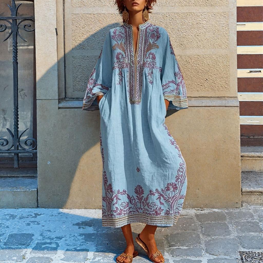 Boho Stil V-Ausschnitt Lässiges Kurzarm Maxikleid mit Print Lockerer Schnitt Leichtes Sommerkleid für Damen