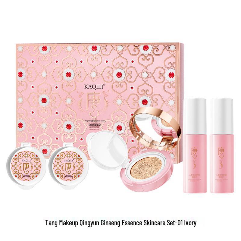 

Kaqili Tang Qingyun Набор из 5 средств по уходу за кожей с эссенцией женьшеня: Увлажняющий кушон, вода и лосьон. слоновая кость