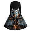 Women's Vintage Long Sleeve Square Neck Halloween Printed Party Dress for Evening Wear
