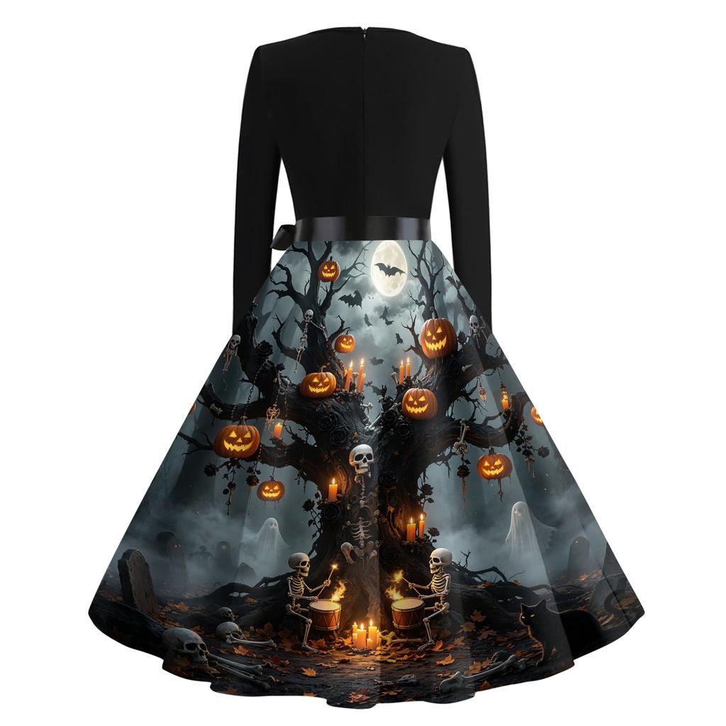 Women's Vintage Long Sleeve Square Neck Halloween Printed Party Dress for Evening Wear