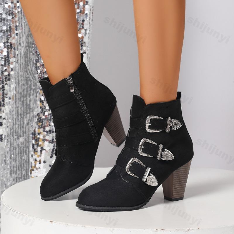 Woman Ankle Boots Fashion Buckle Boots Women 2026 Spring Autumn Plus Size Faux Suede Side Zipper Ladies High Heel Botas Mujer