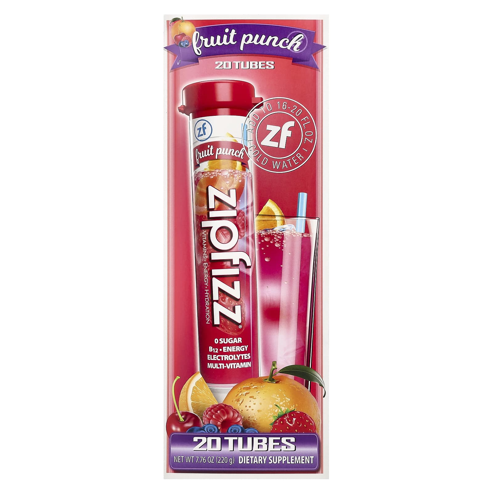 

Zipfizz, Суміш для енергетичного напою, Фруктовий пунш, 20 туб, 0,39 унції (11 г) Кожен