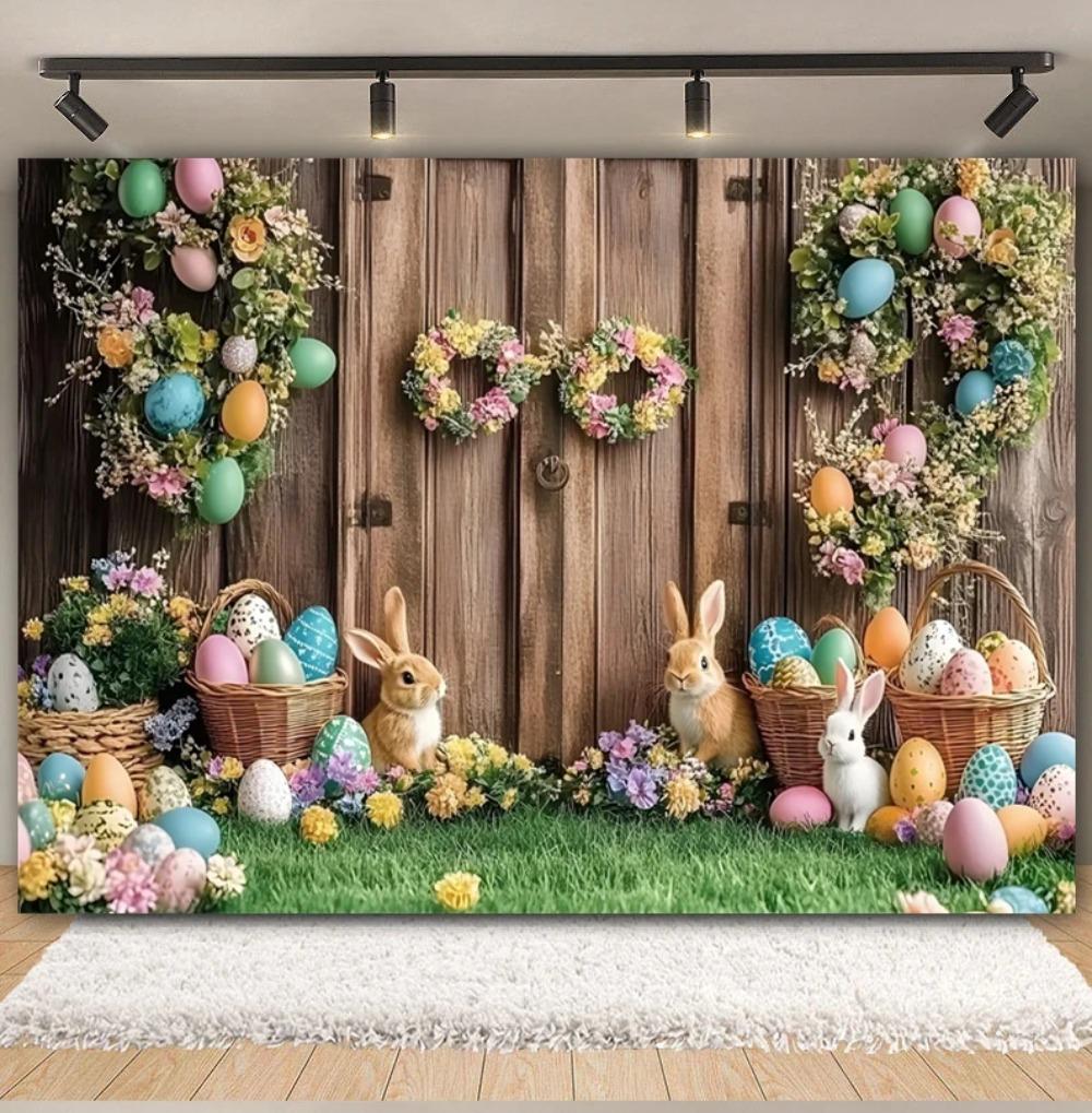 Easter white brick wall flower rabbit Easter egg shooting Backdrop spring flower wall children's birthday party banner Backdrop
