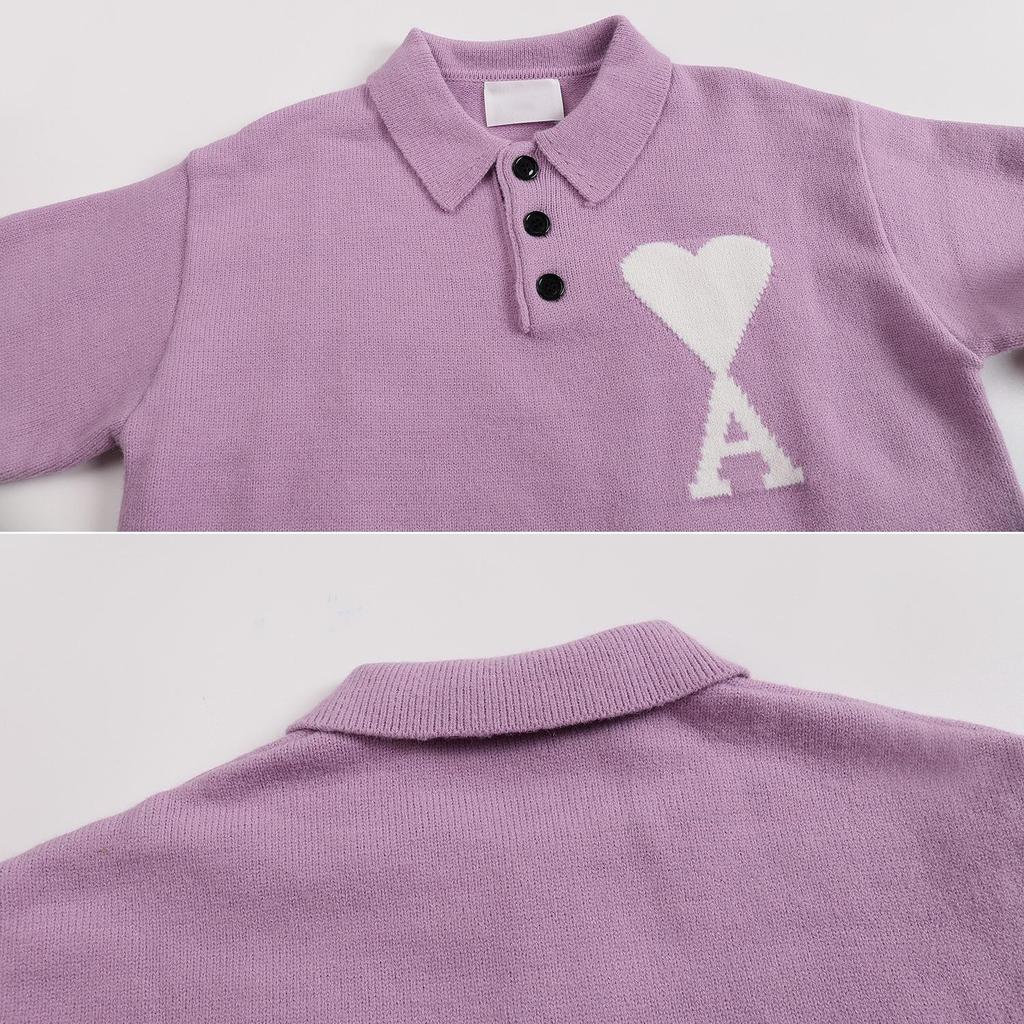 Maglione Unisex in Maglia con Collo a Polo Multicolore con Ricamo a Cuore e A Pullover Casual con Bottoni per Uomo Donna
