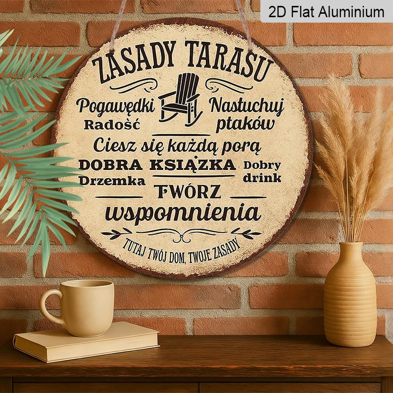2D Flat, 1pc 7.87*7.87In/20X20Cm Round Sign, Retro Decorative Plaque with Polish Terrace Rules, "Here Is Your Home, Your Rules" Decorative Sign