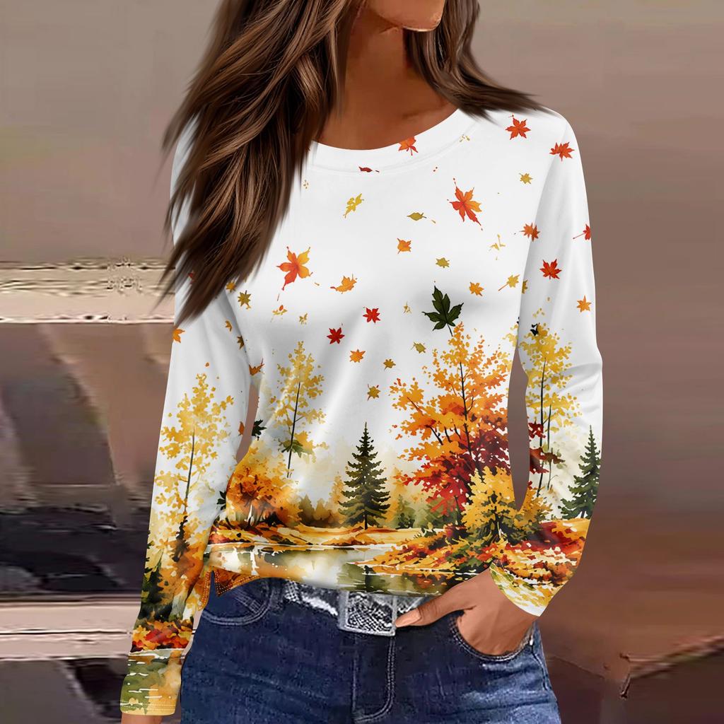 Women's Casual Long Sleeve Maple Leaf Print Round Neck Blouse for Everyday Wear