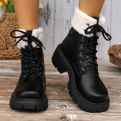 Fashion Thick Plush Snow Boots Women  PU Leather Warm Plush Women Shoes Lacing Non-slip Cotton Shoes Platform Ankle Booties 2024