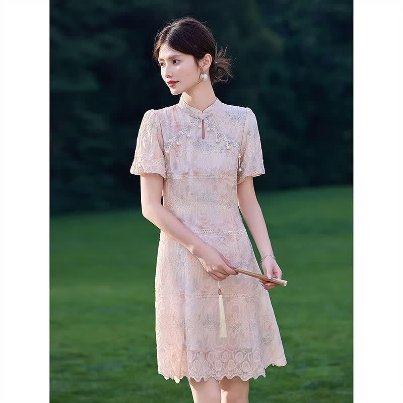 New Chinese Style Embroidered Stand Collar A-line Dress